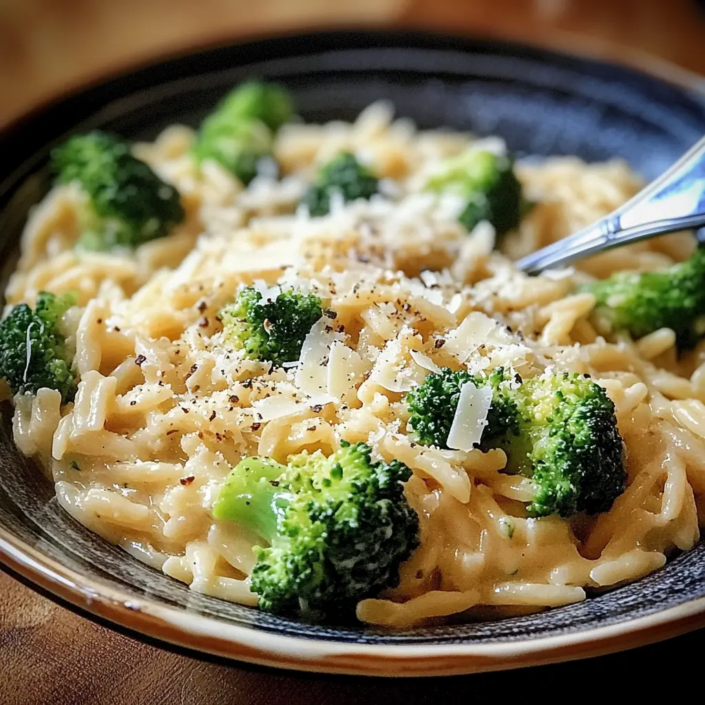 Creamy Orzo with Parmesan and Broccoli Recipe Easy 3 Creamy orzo with parmesan and broccoli in a shallow bowl, bright green florets visible throughout the dish