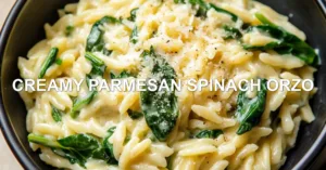 Easy Creamy Parmesan Spinach Orzo Recipe You Need Now CREAMY PARMESAN SPINACH ORZO centered hero view, clean and uncluttered