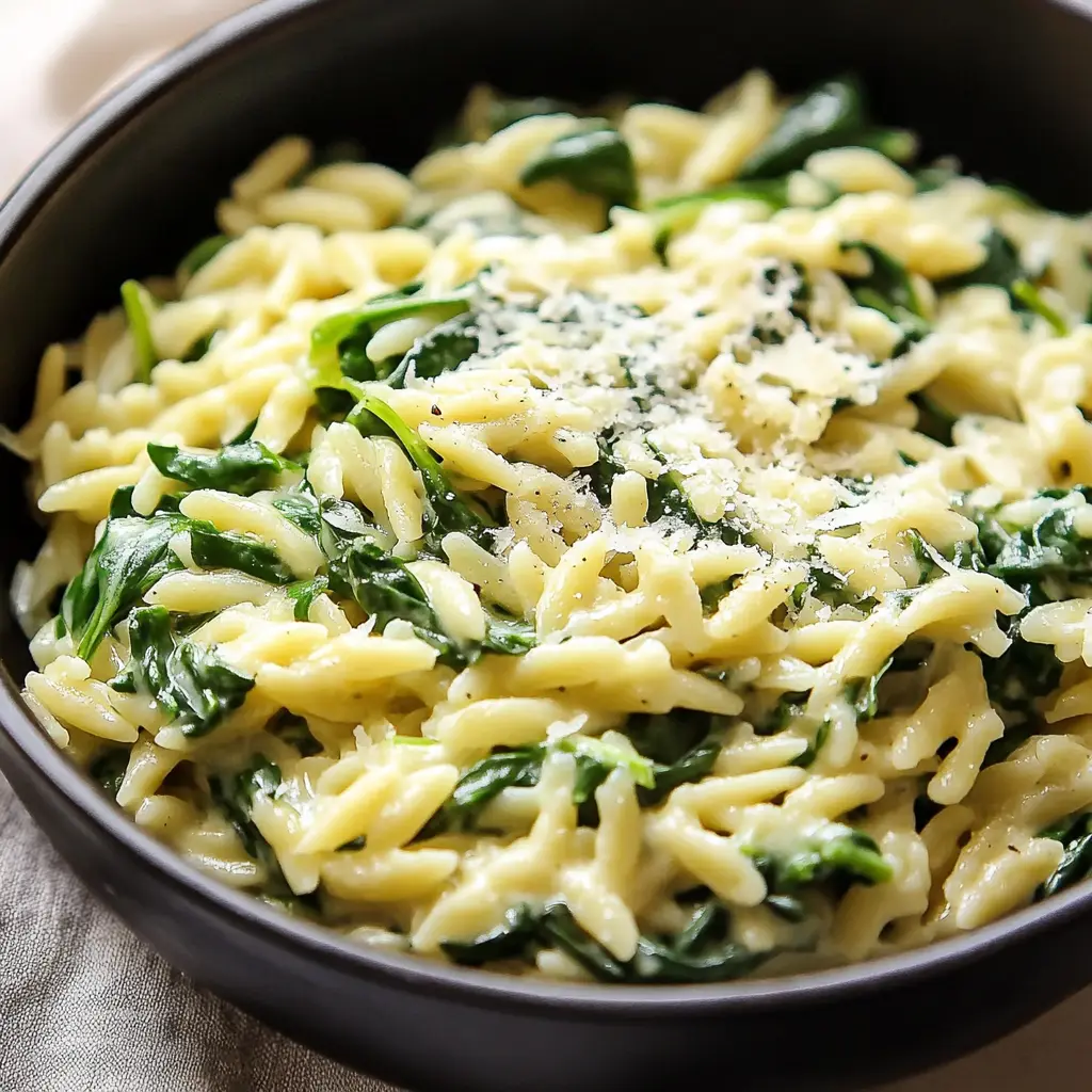 Creamy Parmesan Spinach Orzo in a bowl, close-up centered view