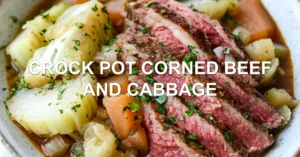 CROCK POT CORNED BEEF AND CABBAGE centered hero view, clean and uncluttered