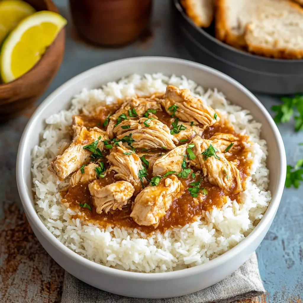 Tender shredded Crockpot Mississippi Chicken in rich buttery gravy with pepperoncini peppers