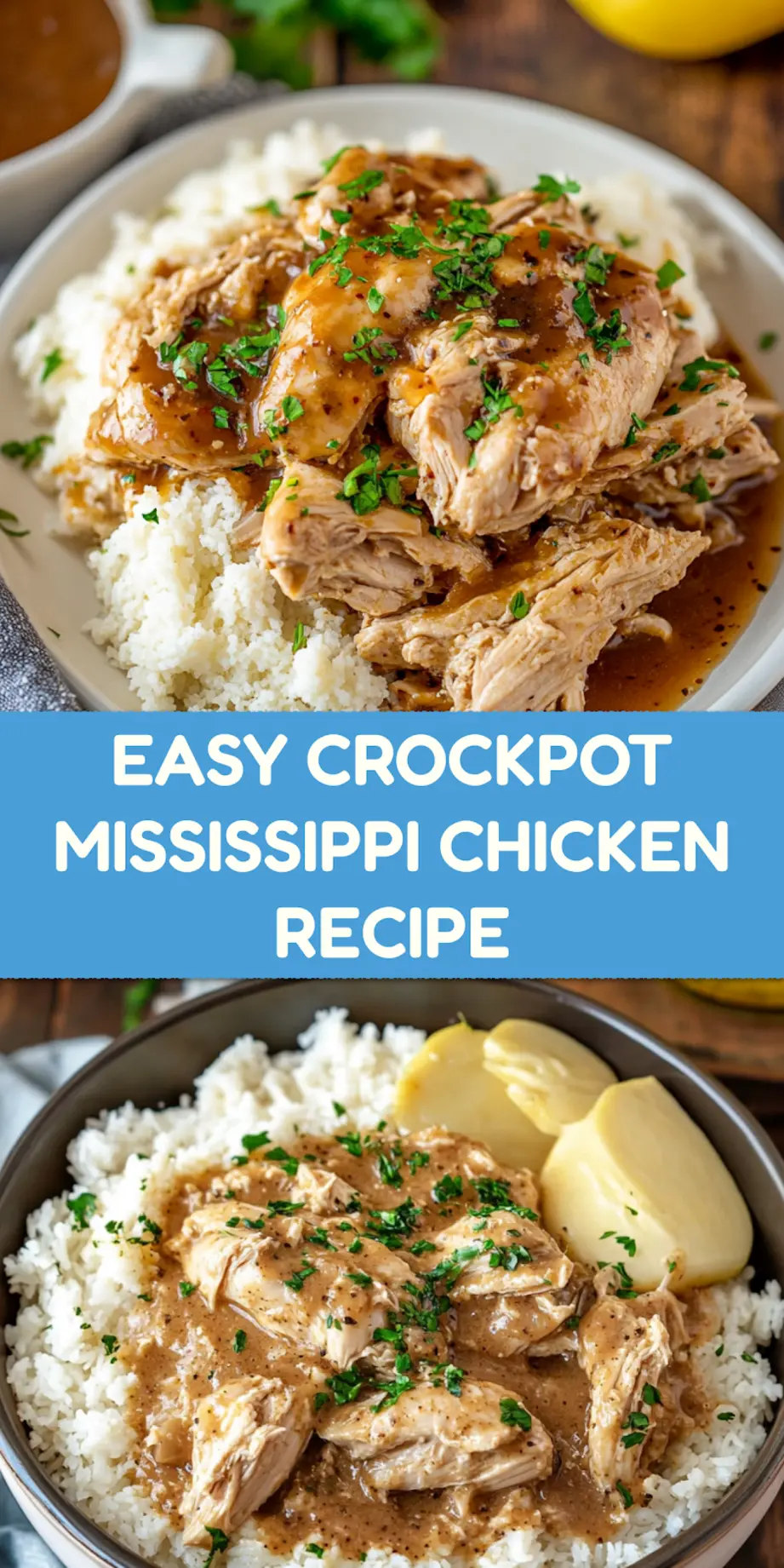 Crockpot Mississippi Chicken with pepperoncini peppers in buttery gravy, perfect for Pinterest