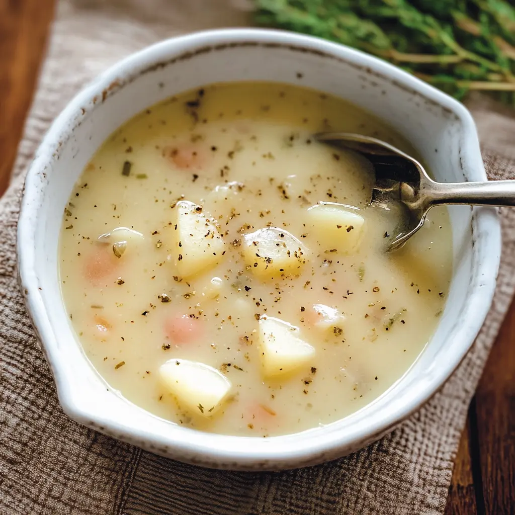 FARMHOUSE POTATO SOUP centered hero view, clean and uncluttered