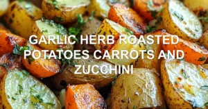 GARLIC HERB ROASTED POTATOES CARROTS AND ZUCCHINI centered hero view, clean and uncluttered