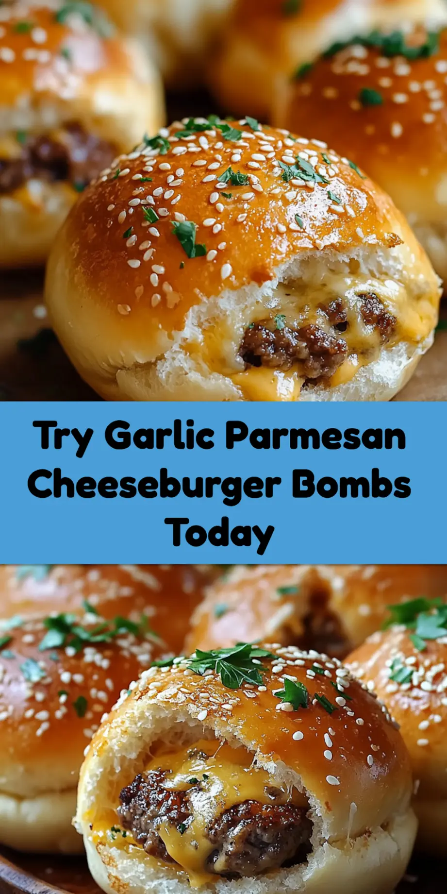 GARLIC PARMESAN CHEESEBURGER BOMBS centered hero view, clean and uncluttered_pin