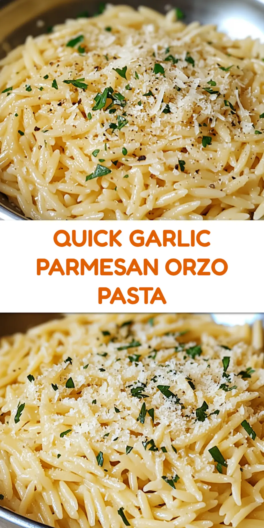 Garlic Parmesan Orzo Pasta centered hero view, clean and uncluttered pin