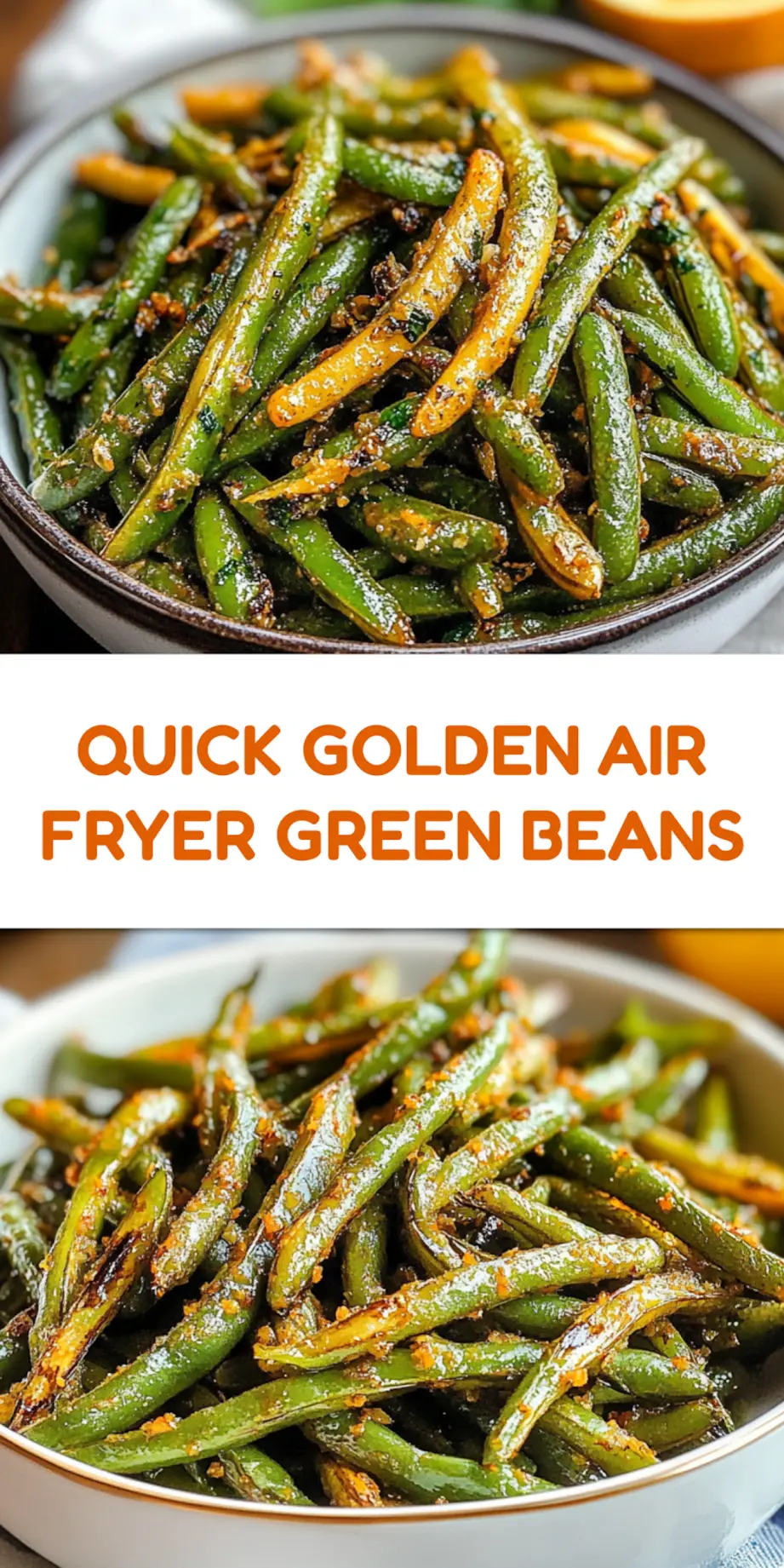Golden air fryer green beans centered hero view, clean and uncluttered for Pinterest pin