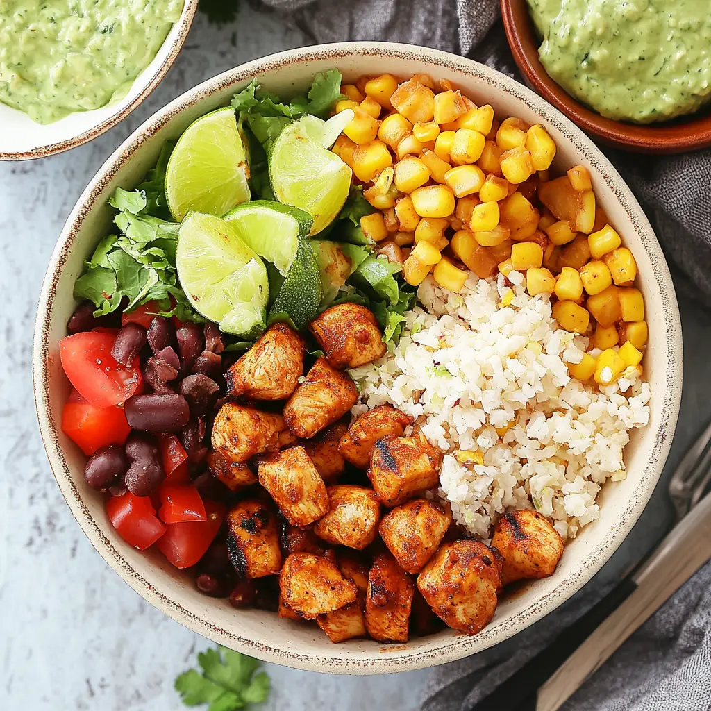 Healthy chicken burrito bowl with seasoned chicken, cilantro-lime rice, black beans, corn, and fresh vegetables
