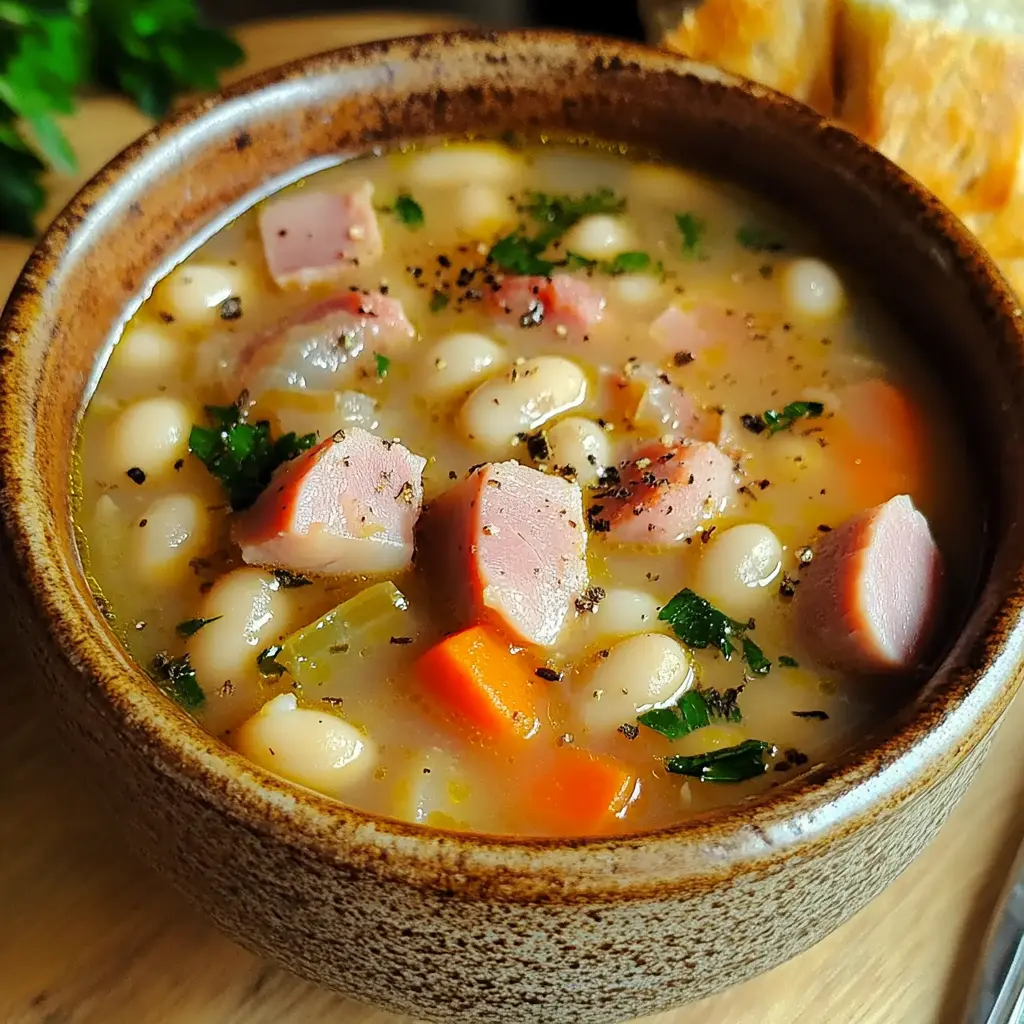Hearty ham and white bean soup in a bowl, centered hero view, clean and uncluttered