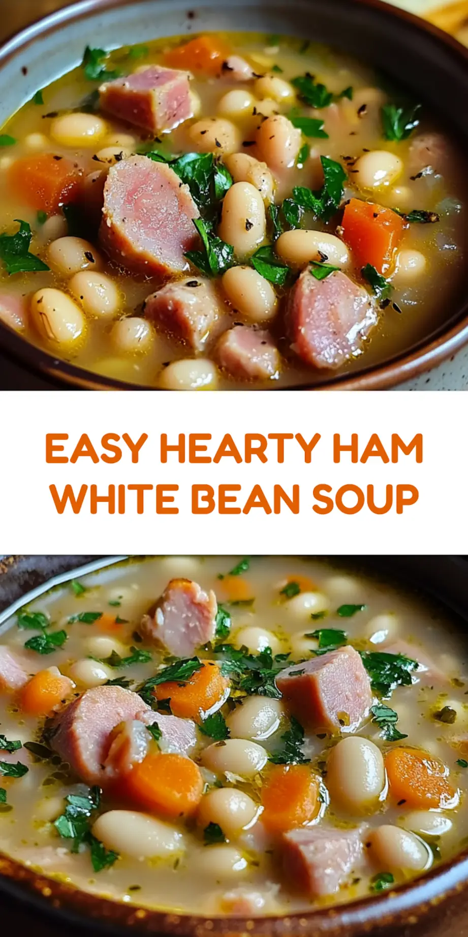 Hearty ham and white bean soup Pinterest pin image, centered hero view, clean and uncluttered