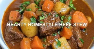 HEARTY HOMESTYLE BEEF STEW centered hero view, clean and uncluttered
