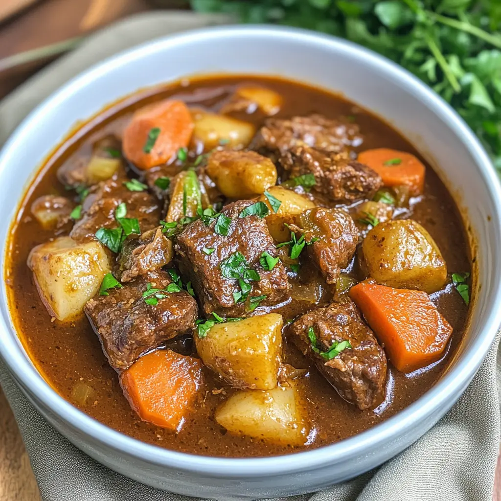 HEARTY HOMESTYLE BEEF STEW centered hero view, clean and uncluttered