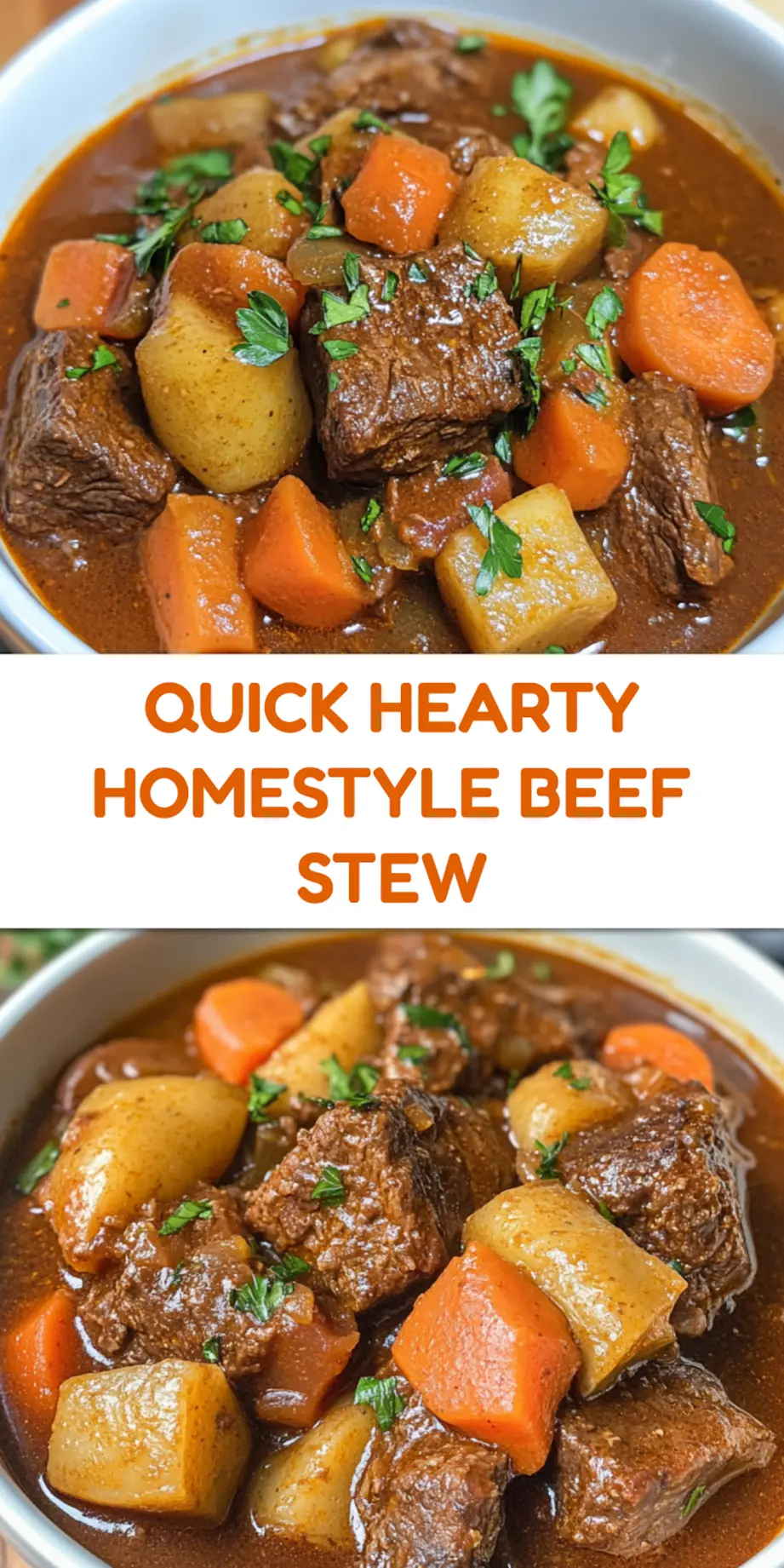 HEARTY HOMESTYLE BEEF STEW centered hero view, clean and uncluttered