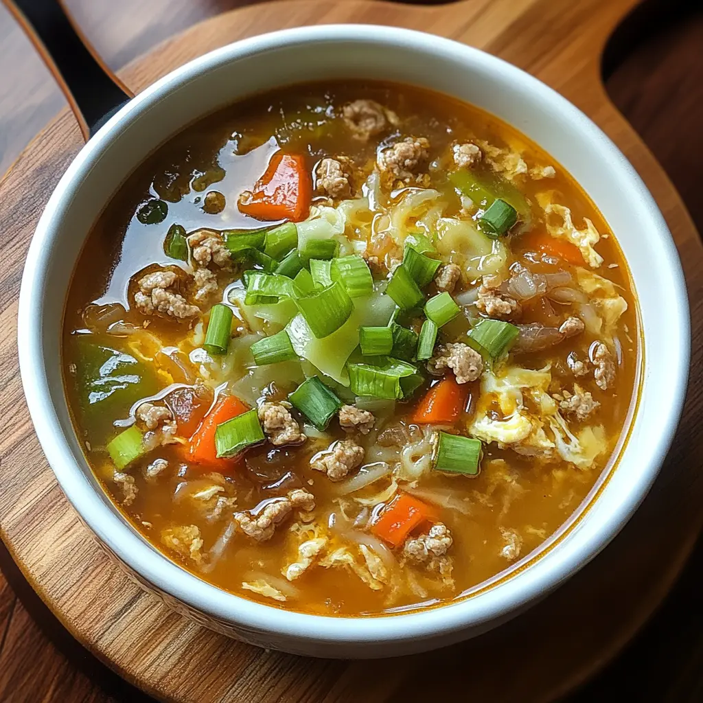Hearty One Pot Egg Roll Soup centered hero view, clean and uncluttered