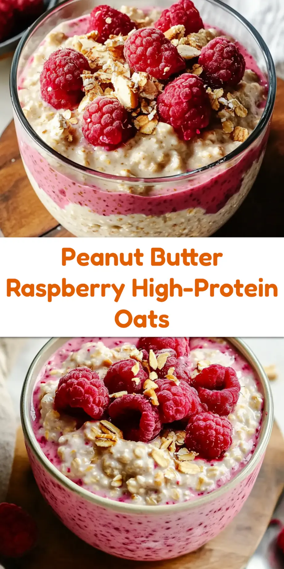 HIGH PROTEIN RASPBERRY PEANUT BUTTER OVERNIGHT OATS centered hero view, clean and uncluttered_pin