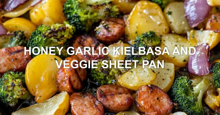 HONEY GARLIC KIELBASA AND VEGGIE SHEET PAN centered hero view, clean and uncluttered