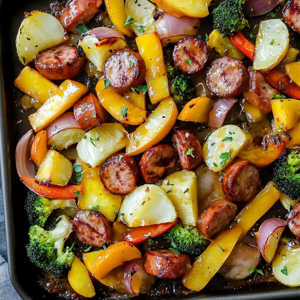 Honey Garlic Kielbasa and Veggie Sheet Pan centered hero view, clean and uncluttered