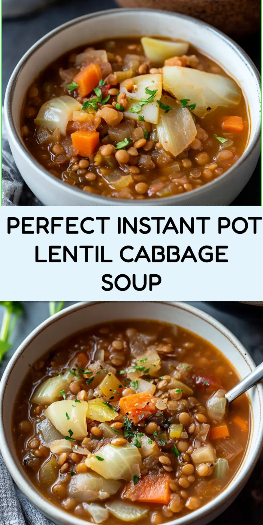 INSTANT POT LENTIL CABBAGE SOUP centered hero view, clean and uncluttered_pin