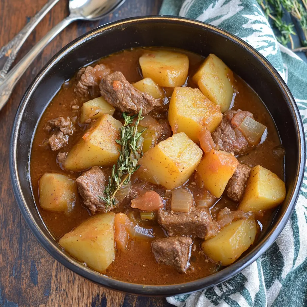 Italian beef and potato stew in a rustic bowl, centered hero view, clean and uncluttered