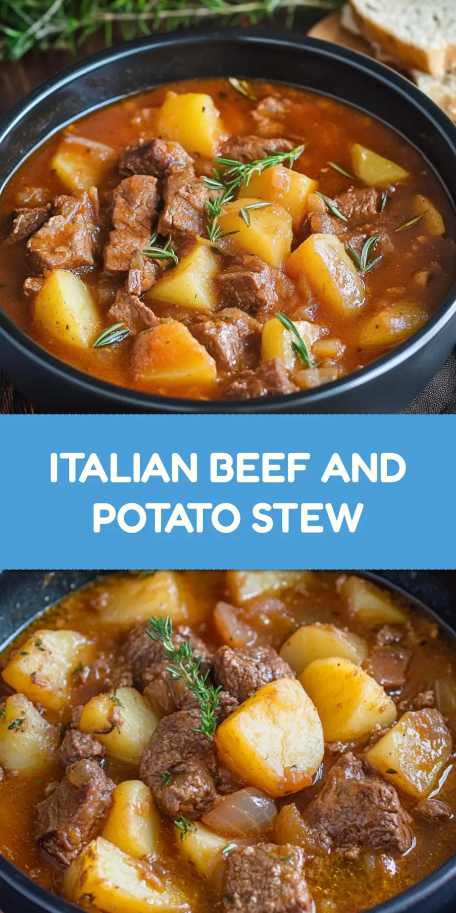 Italian beef and potato stew Pinterest pin image, centered hero view, clean and uncluttered