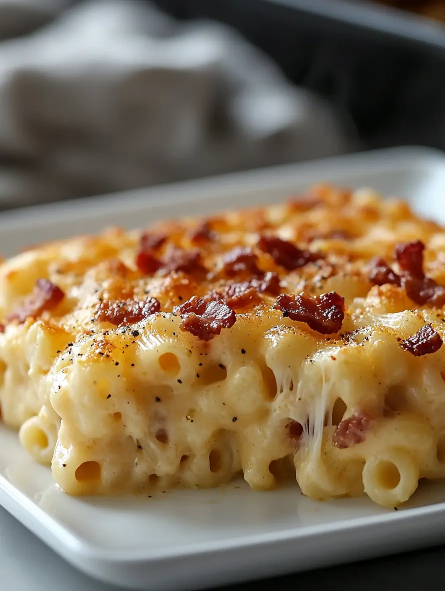 Baked mac and cheese with bacon in a white dish, featuring a golden crusty top and crispy bacon pieces