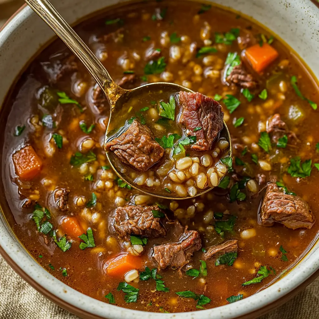 BEEF BARLEY SOUP in rustic bowl, centered hero shot with tender beef chunks and pearl barley in rich broth