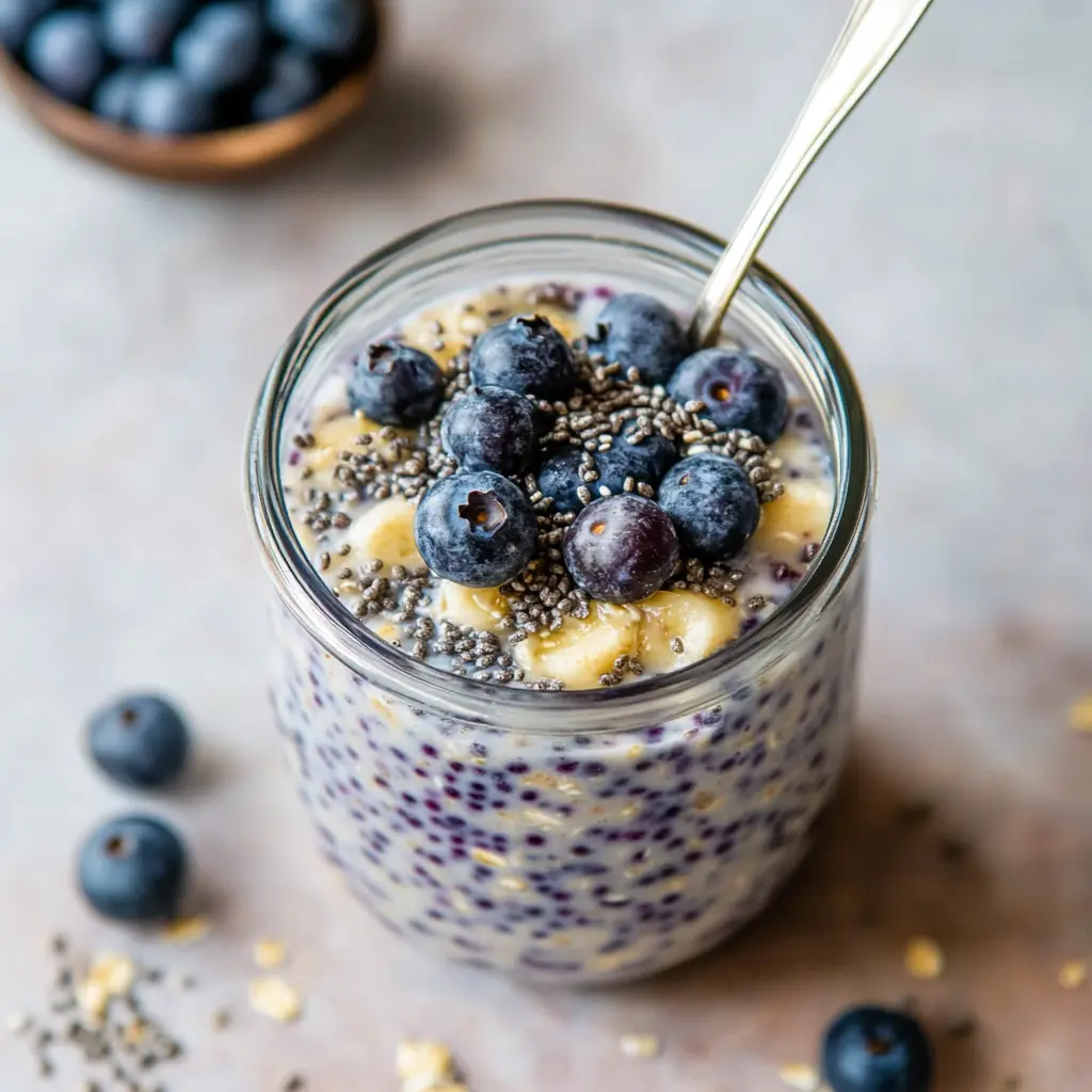 BLUEBERRY CHIA OVERNIGHT OATS centered hero view, clean and uncluttered