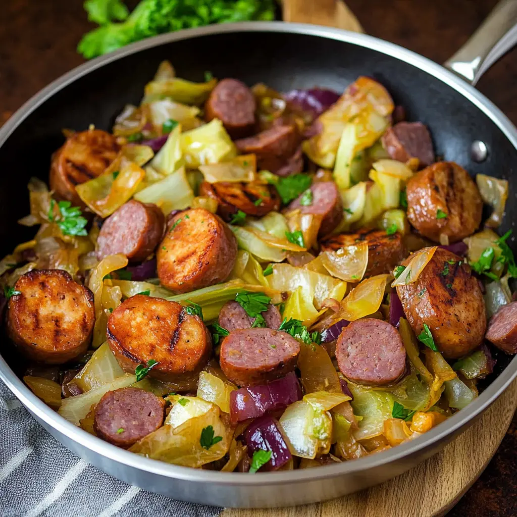 CABBAGE AND SAUSAGE SKILLET centered hero view, clean and uncluttered