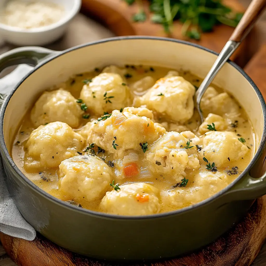 CHICKEN AND DUMPLINGS centered hero view, clean and uncluttered