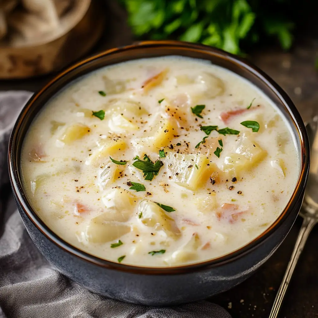 CREAMY CABBAGE SOUP centered hero view, clean and uncluttered