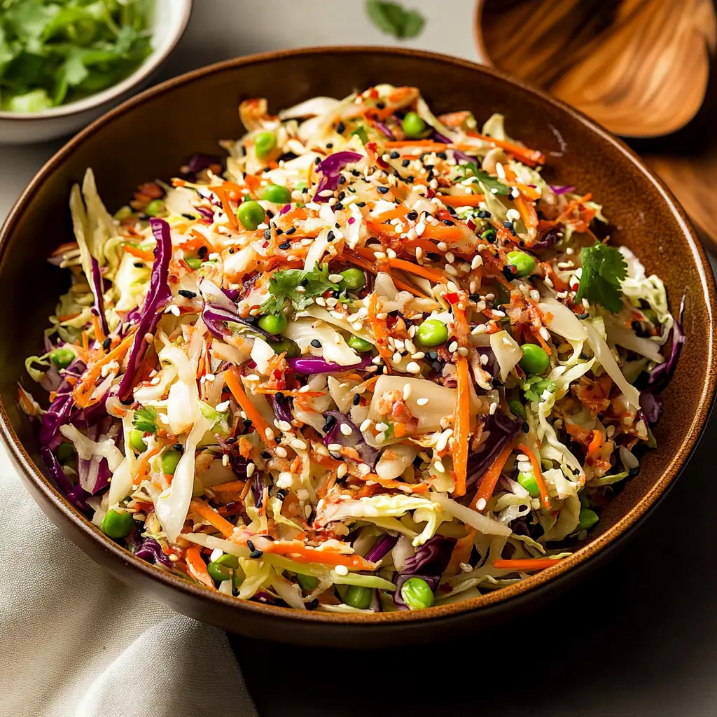 CRUNCHY ASIAN CABBAGE SALAD centered hero view, clean and uncluttered