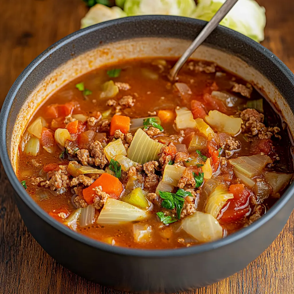 GROUND BEEF CABBAGE SOUP centered hero view, clean and uncluttered