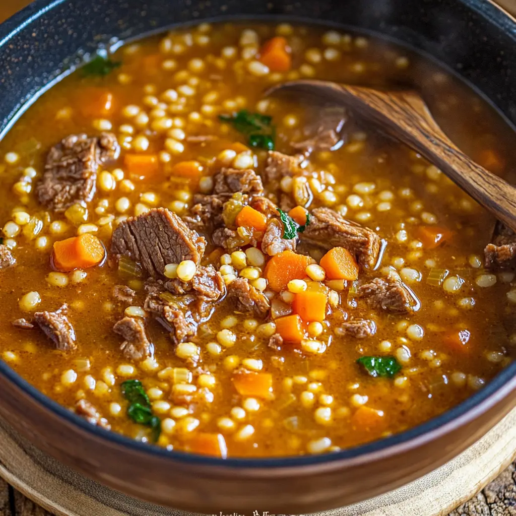 Hearty beef barley soup ingredients arranged on a clean surface