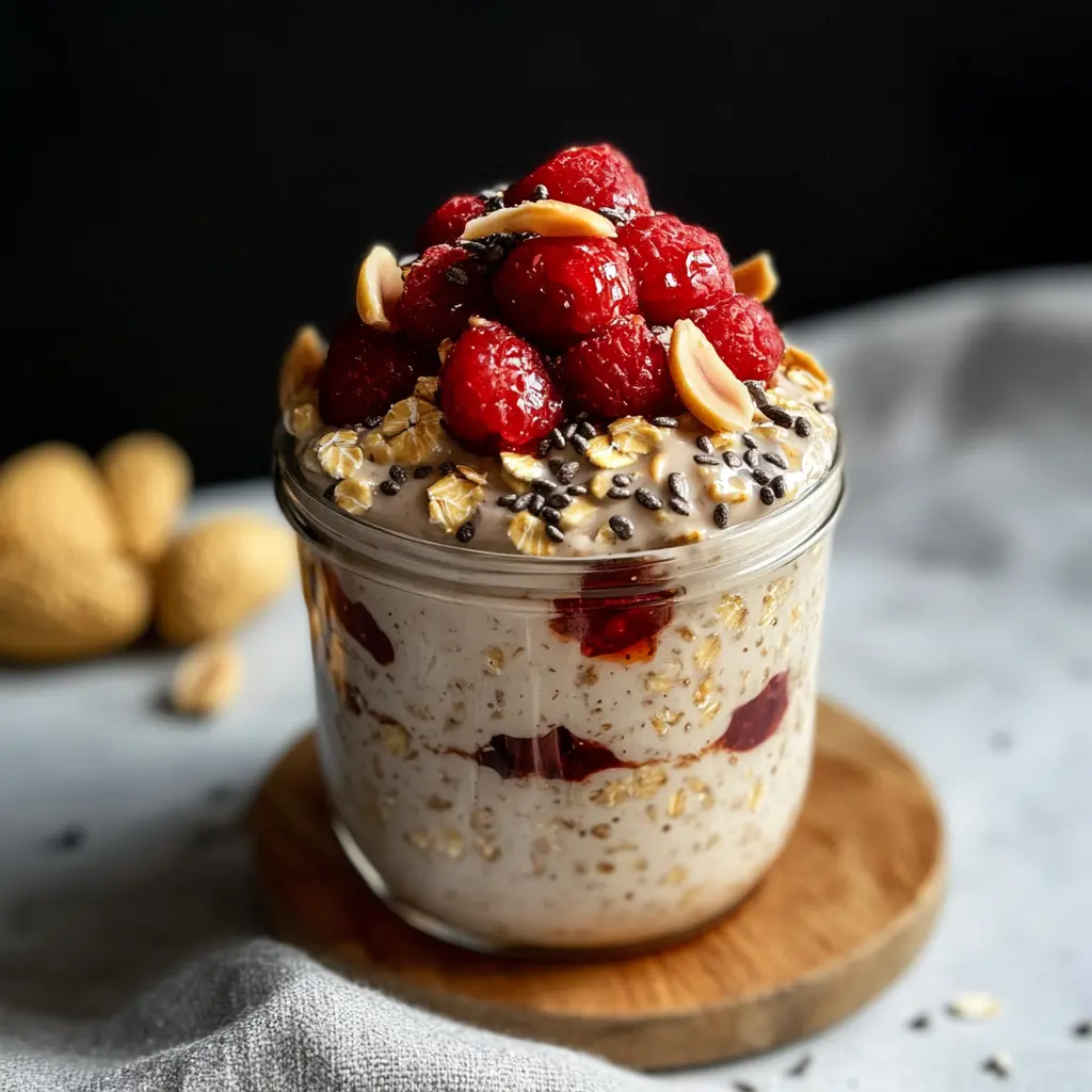 HIGH PROTEIN PEANUT BUTTER AND JELLY OVERNIGHT OATS centered hero view, clean and uncluttered