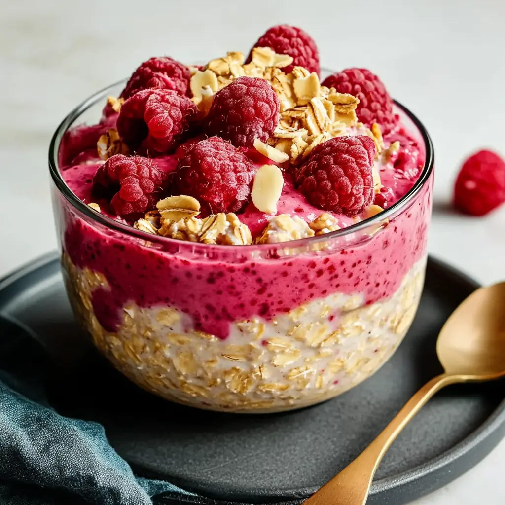 HIGH PROTEIN RASPBERRY PEANUT BUTTER OVERNIGHT OATS centered hero view, clean and uncluttered