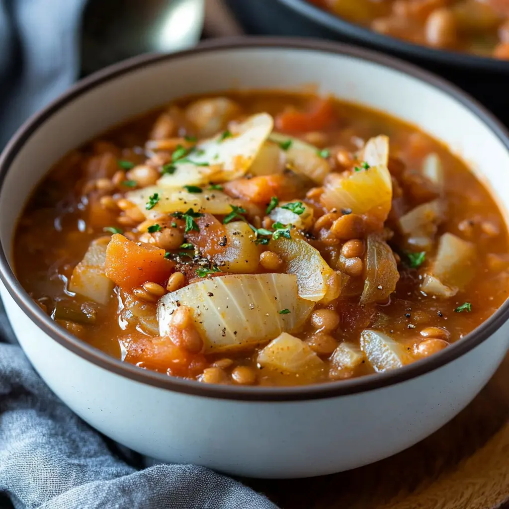 INSTANT POT LENTIL CABBAGE SOUP centered hero view, clean and uncluttered