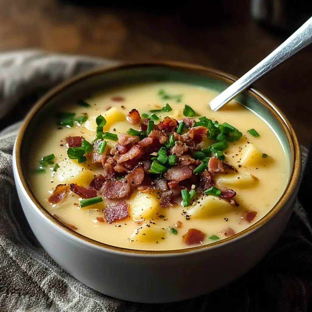 INSTANT POT POTATO AND BACON SOUP centered hero view, clean and uncluttered