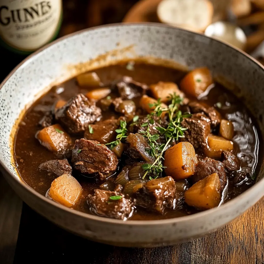 Irish Beef and Guinness Stew Simple Cozy Comfort Food 3 IRISH BEEF AND GUINNESS STEW centered hero view, clean and uncluttered