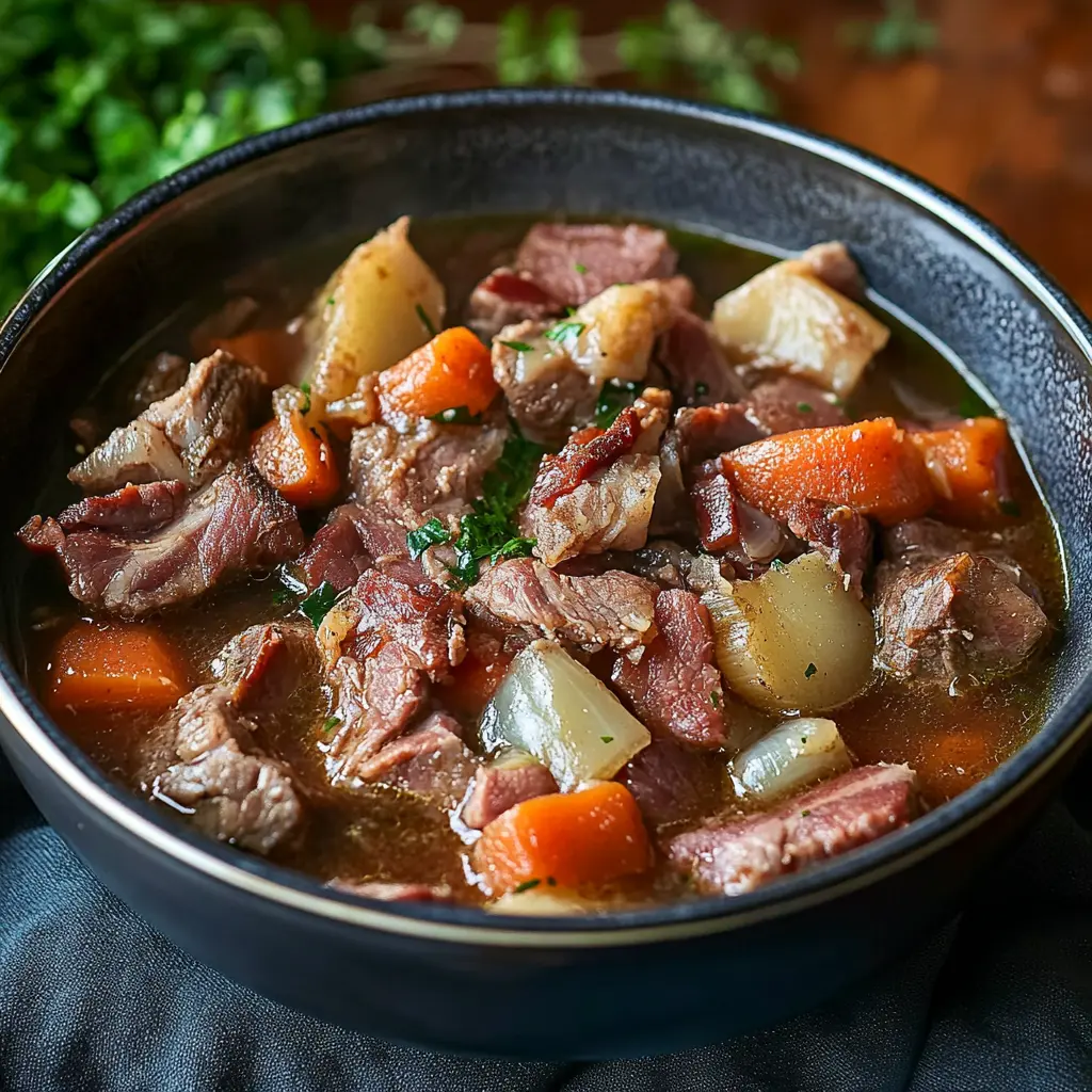 Irish Lamb Stew with Bacon 5 Secrets for Perfect Flavor 3 Irish lamb stew with bacon in a rustic pot, surrounded by fresh ingredients