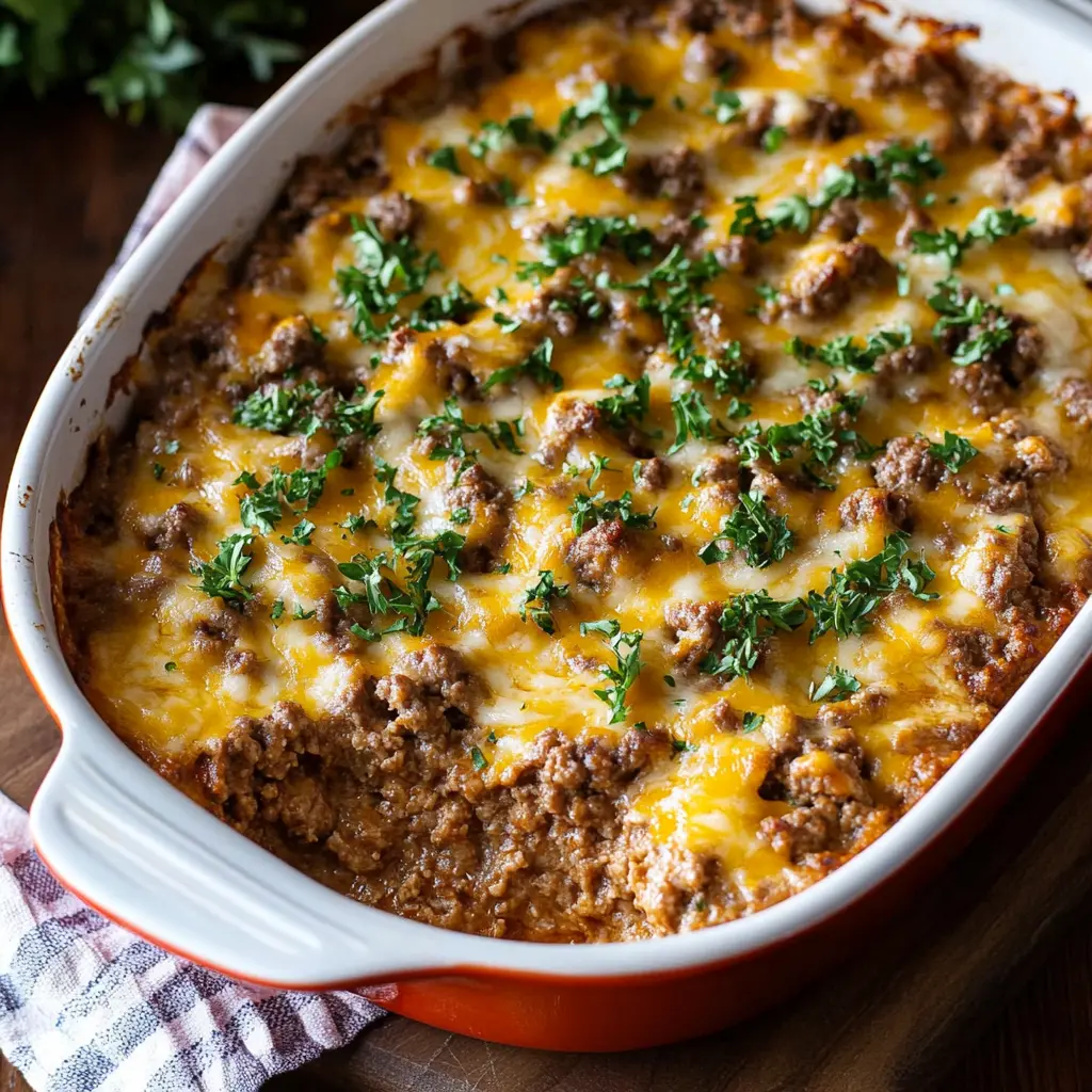KETO GROUND BEEF CASSEROLE centered hero view, clean and uncluttered