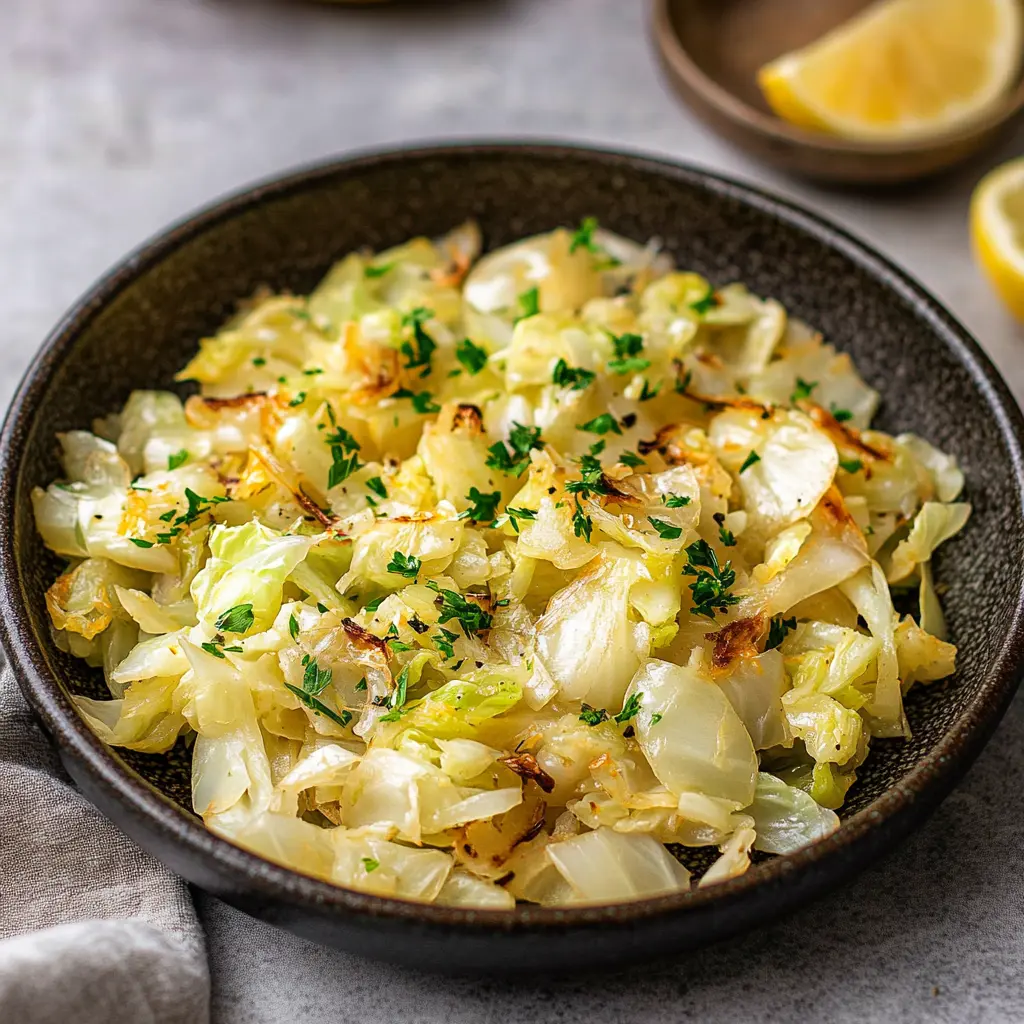 LEMON GARLIC SAUTEED CABBAGE centered hero view, clean and uncluttered