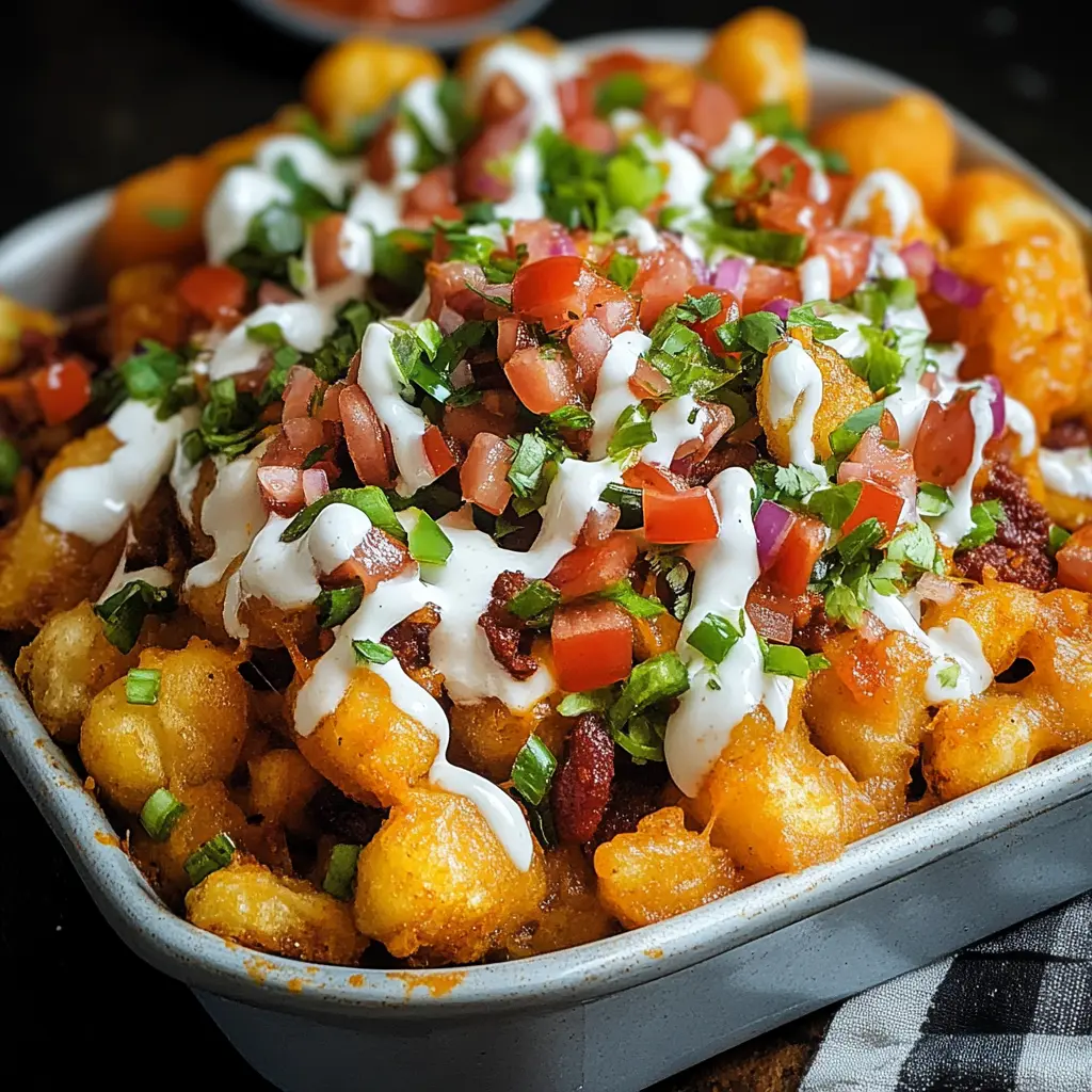 LOADED TATER TOT NACHOS centered hero view, clean and uncluttered