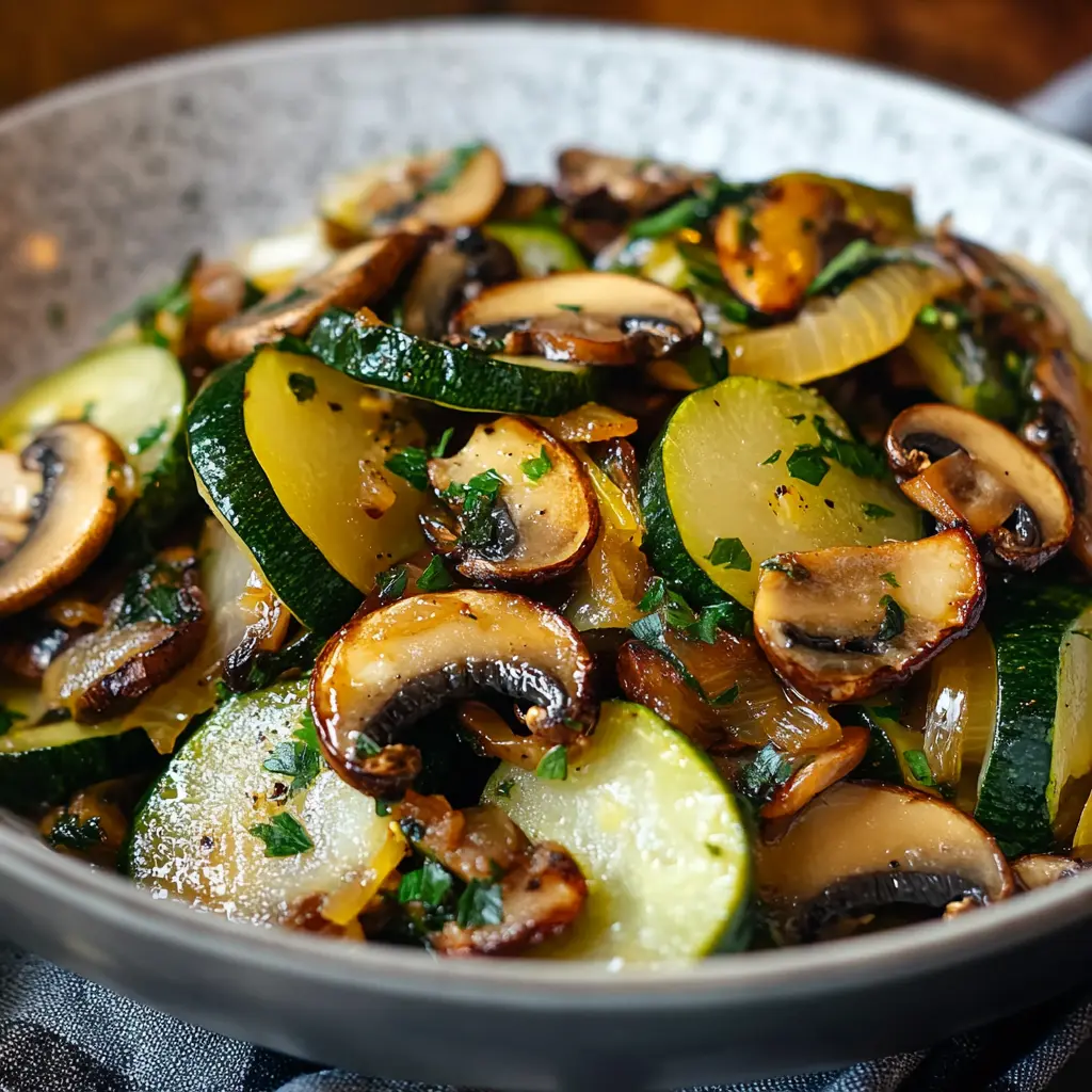 MASTERING SAUTEED ZUCCHINI MUSHROOMS AND ONIONS centered hero view, clean and uncluttered