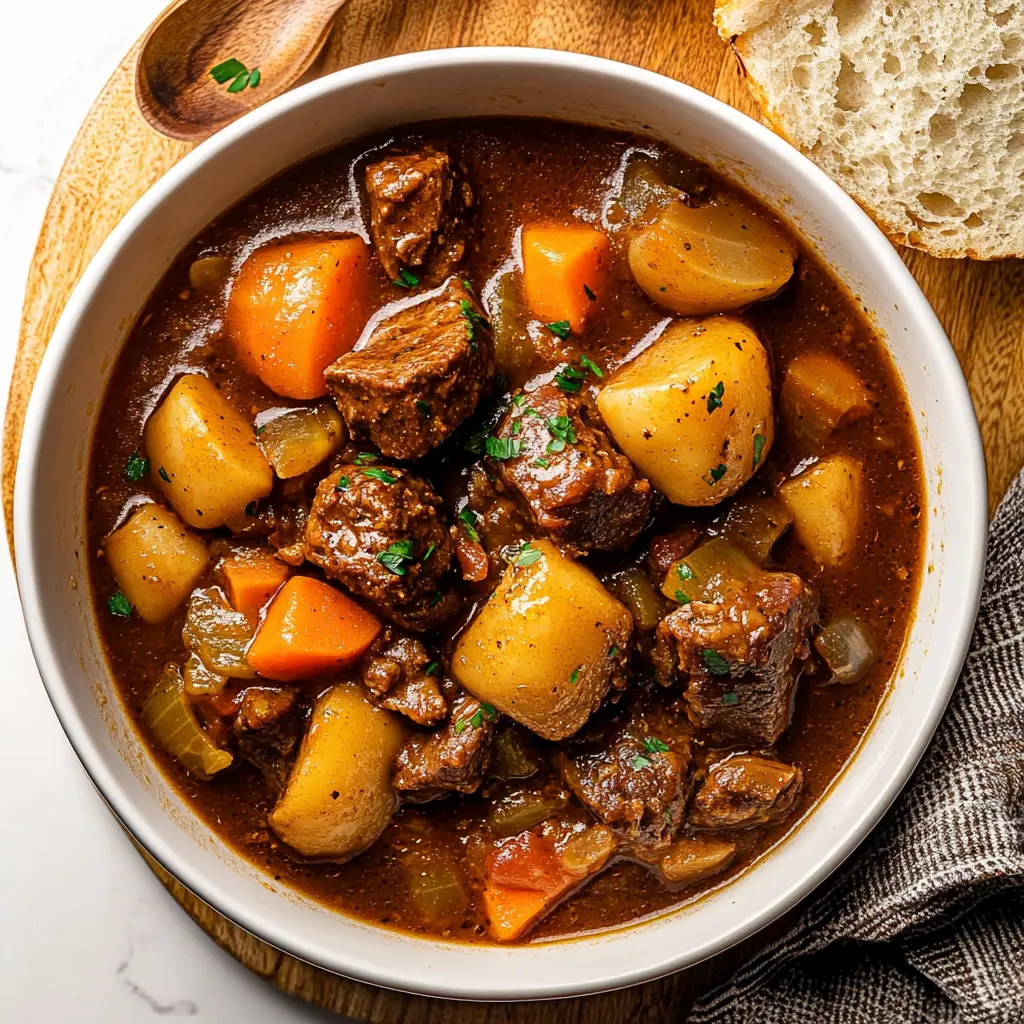 OLD FASHIONED BEEF STEW centered hero view, clean and uncluttered