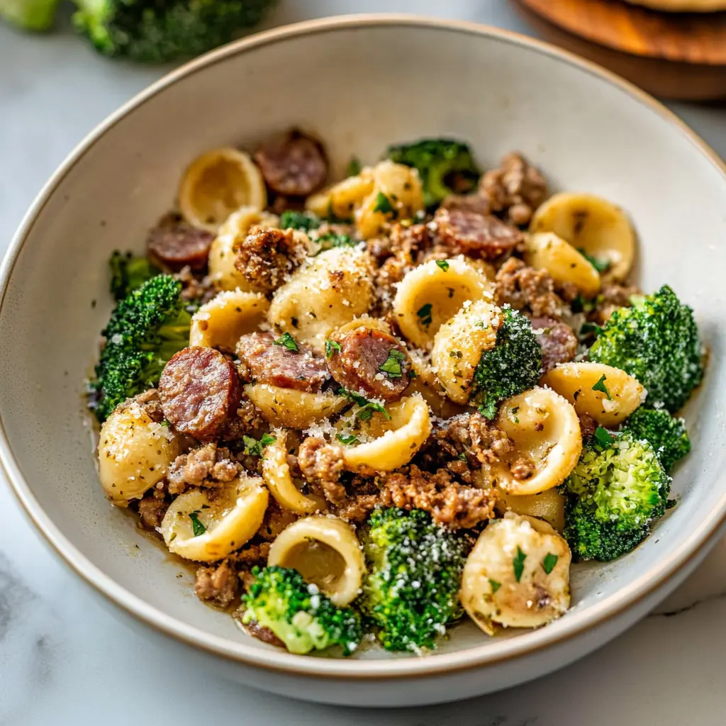 ORECCHIETTE WITH SAUSAGE AND BROCCOLI - centered hero view, clean and uncluttered
