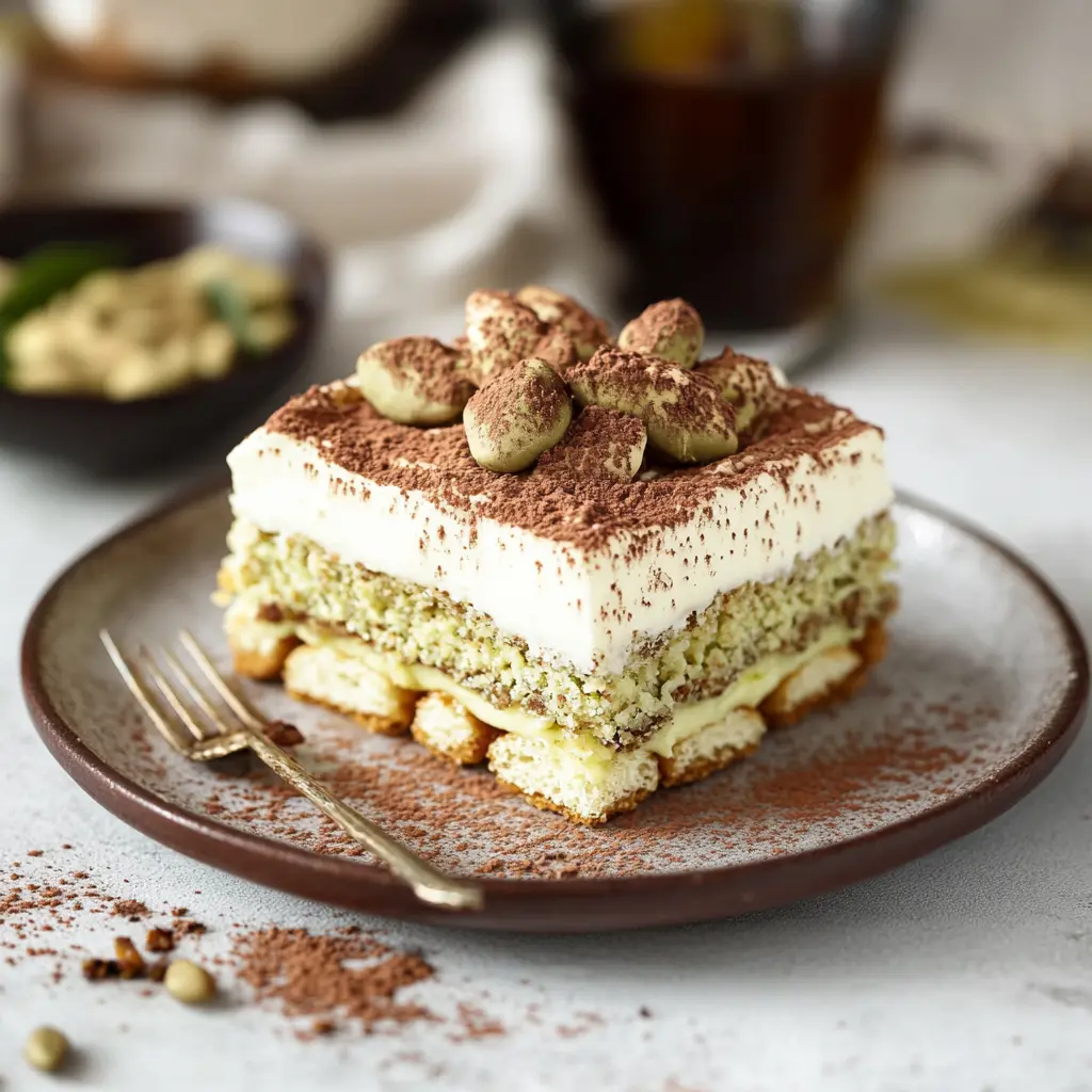 PISTACHIO TIRAMISU centered hero view, clean and uncluttered