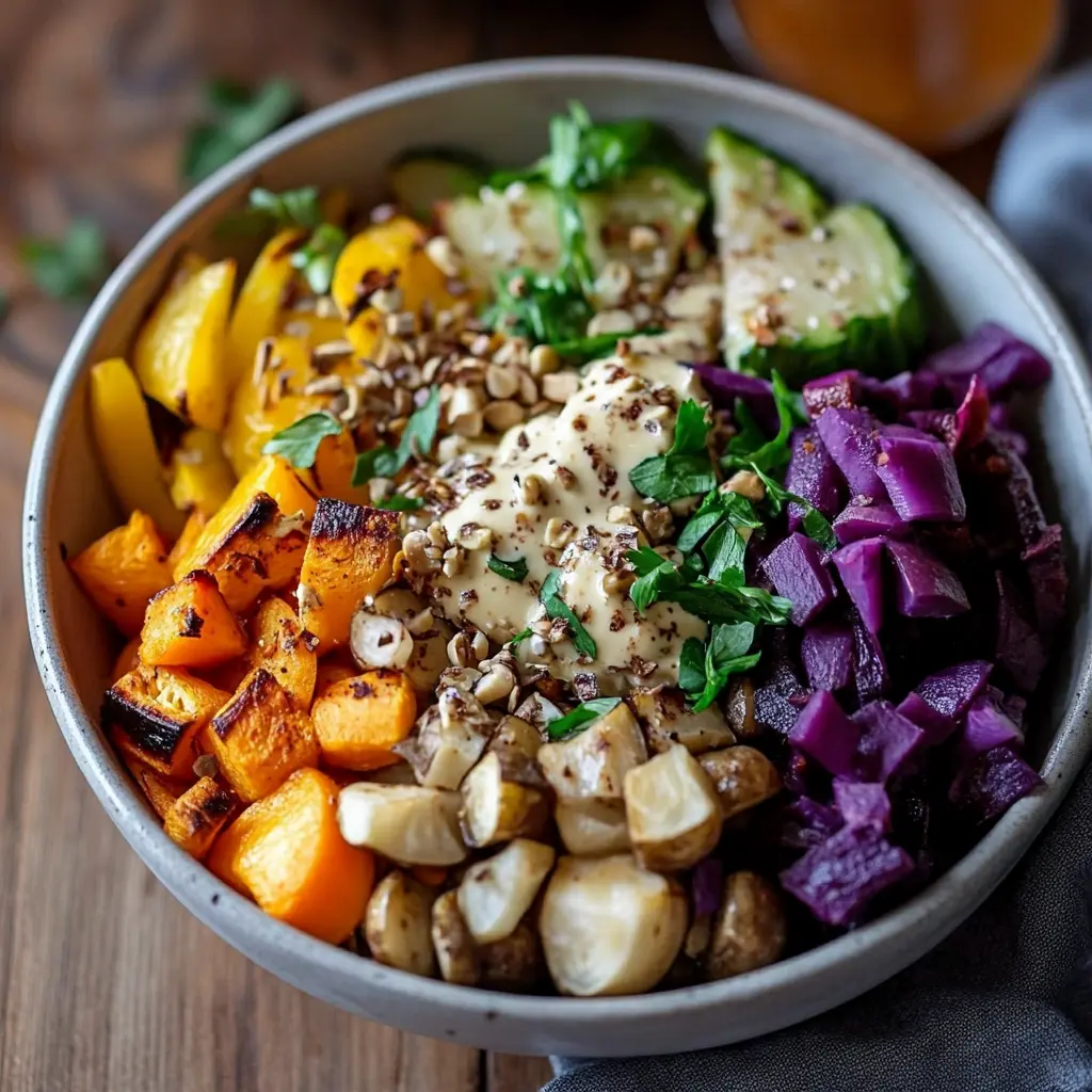 Roasted Root Vegetable Buddha Bowls with Maple Cinnamon, centered hero view, clean and uncluttered