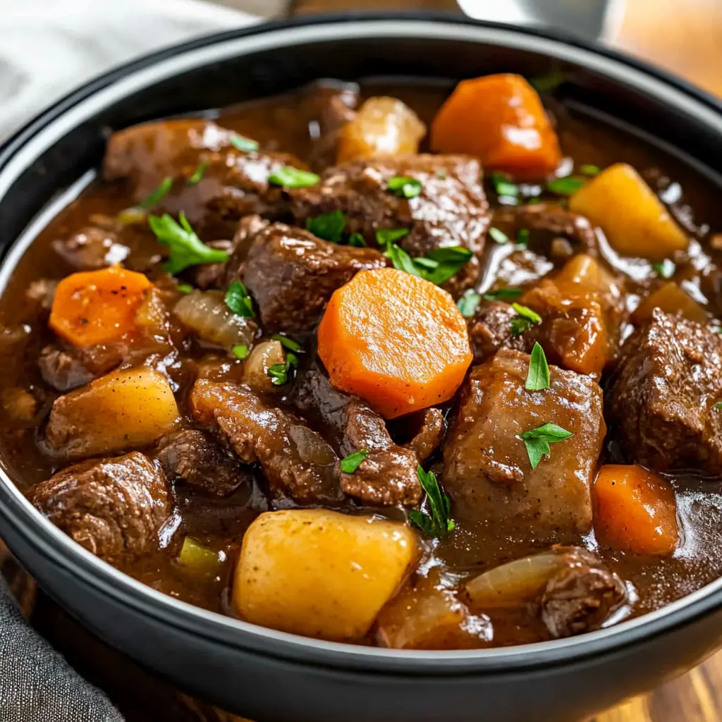SLOW COOKER BEEF STEW centered hero view, clean and uncluttered