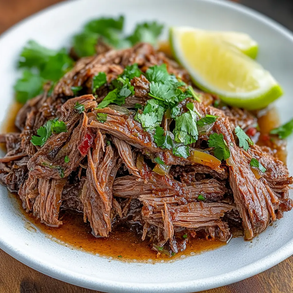 SLOW COOKER SHREDDED BEEF centered hero view, clean and uncluttered