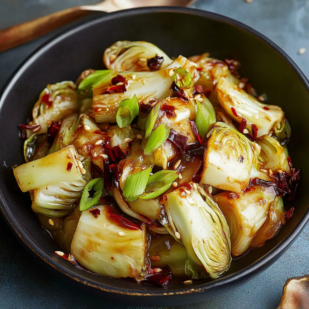 STIR-FRIED NAPA CABBAGE WITH HOT SOUR SAUCE centered hero view, clean and uncluttered
